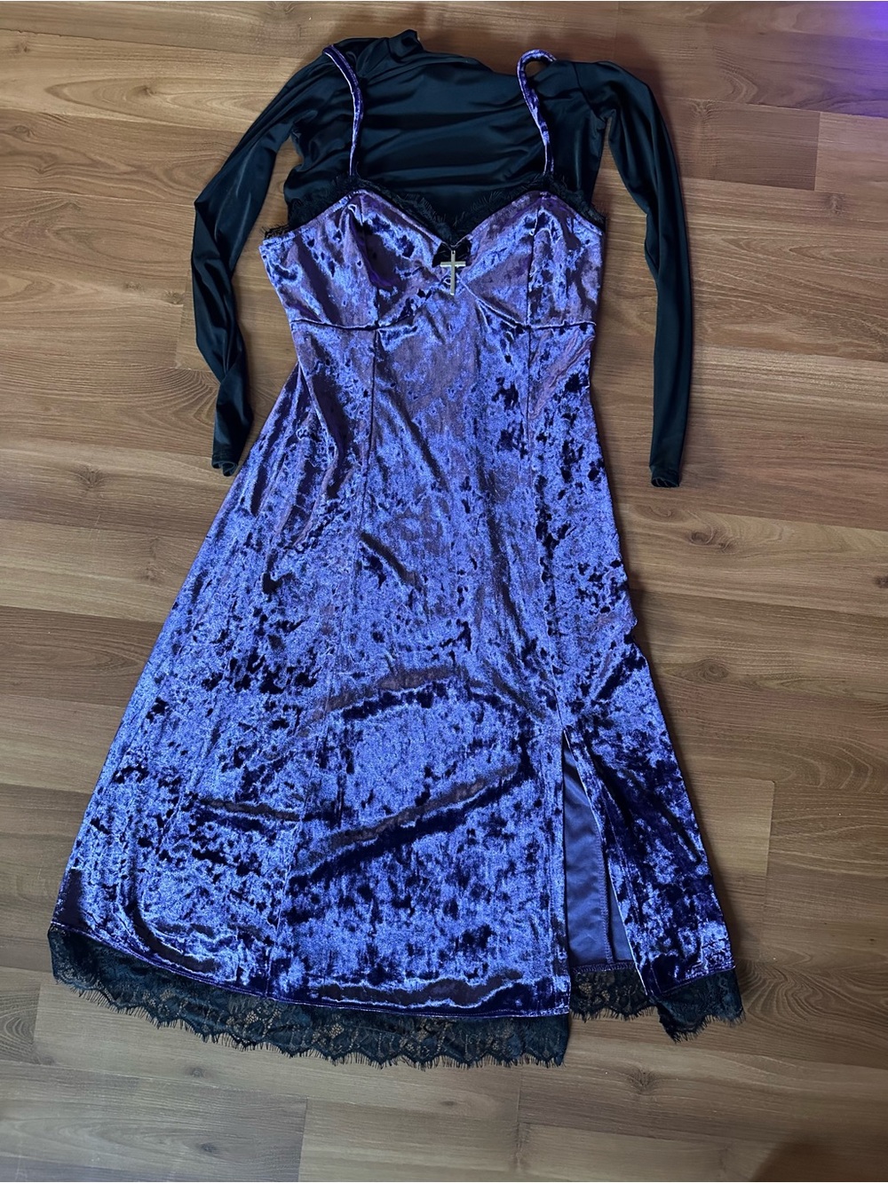 Cosmic Aura Purple Crushed Velvet Midi Slip Dress with Lace Trim Long Sleeved